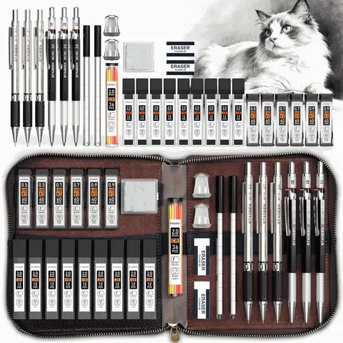 30+ Pieces Multipurpose Art Supplies Drawing Supplies Kit, Portable Metal Mechanical Pencils (0.5/0.7/0.9mm) & 2mm Lead Holders (4H/2H/HB/2B/4B/6B) with Leather Bag, 464 Graphite Lead Refills for Drawing Sketching, Christmas & New Year Gift