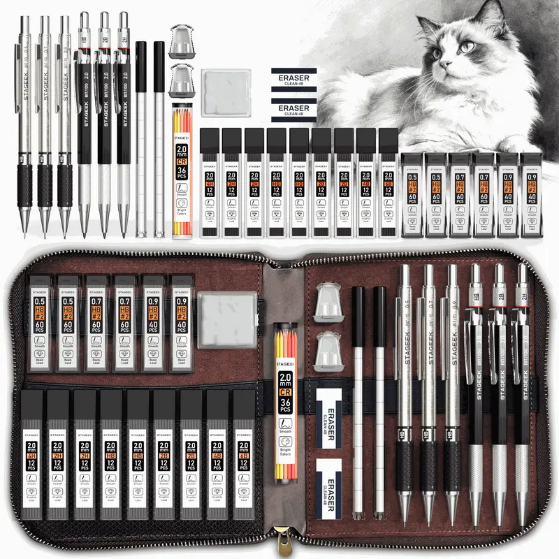 30+ Pieces Multipurpose Art Supplies Drawing Supplies Kit, Portable Metal Mechanical Pencils (0.5/0.7/0.9mm) & 2mm Lead Holders (4H/2H/HB/2B/4B/6B) with Leather Bag, 464 Graphite Lead Refills for Drawing Sketching, Christmas & New Year Gift