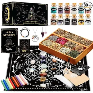 Witchcraft Supplies Kit, 80Pack Witch Starter Kit Wiccan Supplies and Tools Witchy Gifts for Beginners, Spell Candles, Chakra Healing Crystals and Dried Herbs for Zodiac and Lunar Magick