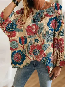 Women's Floral Colorblock Plant Print Round Neck Long Sleeve Knit Hollow Out Top, Casual Elegant Vacation Style Sweater, Knitwear, Knitting