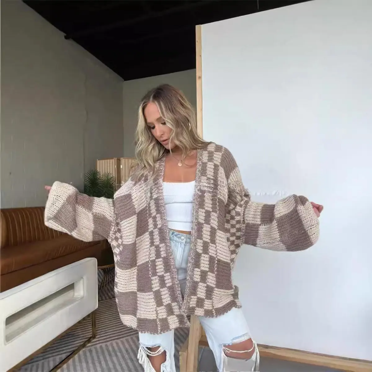 Women's Loose-Fit Long-Sleeve Knitting Cardigan - Drop-Shoulder, Asymmetrical Hem, Mid-Length Plaid Acrylic Casual Wear, Buttoned Outerwear for Spring, Autumn