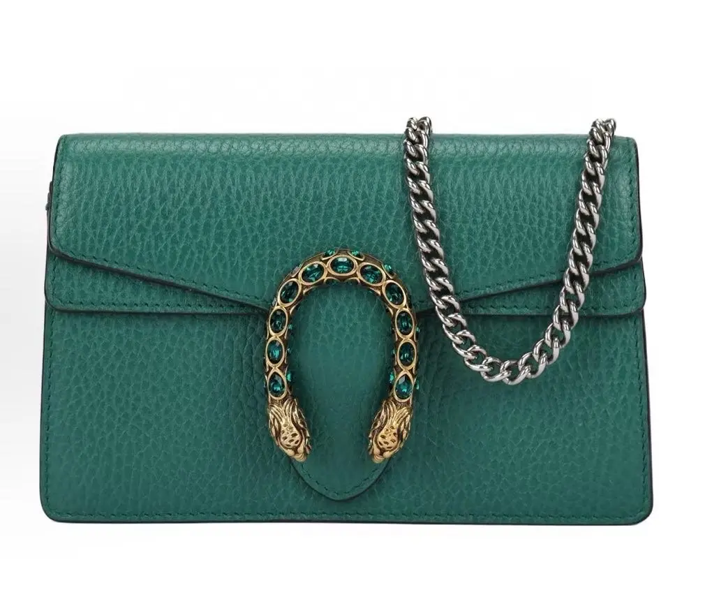 Pre-owned GUCCI Super Mini Dionysus, Peacock Green with Crystal Buckle Chain Bag