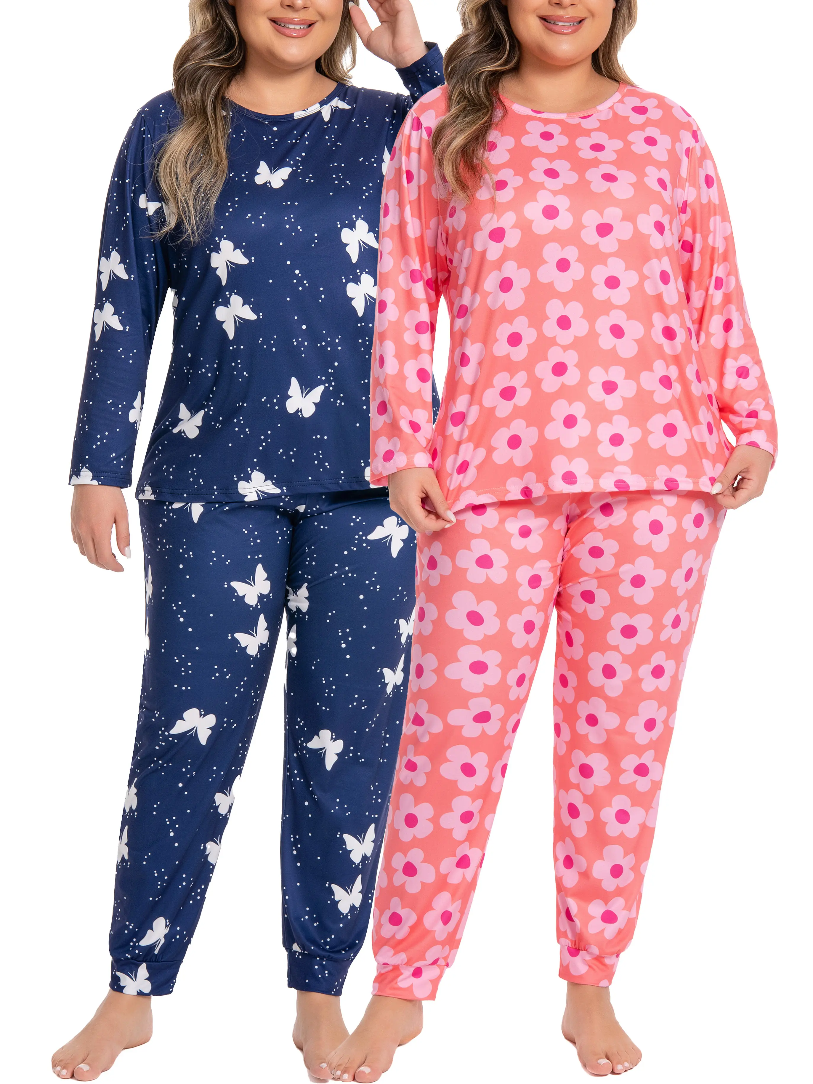 【Flash Sale】LONAGIRL Valentine Curvy Fit Plus Size Long Sleeve 1XL-5XL Heart & Bow Print Two-Piece Pajama Set Soft Comfy All-Season Women's Pjs Sleepwear & Loungewear 2 Tops + 2 Pants Outfit Style outdoorfun