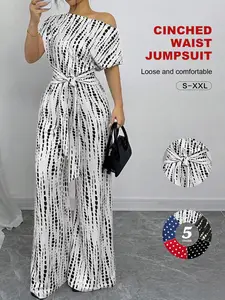 Women’s Elegant Off-Shoulder Jumpsuit | Tie-Dye Print Wide-Leg Romper with Belt | Flattering Cinched Waist One-Piece Outfit Sizes S–XXL summerwins