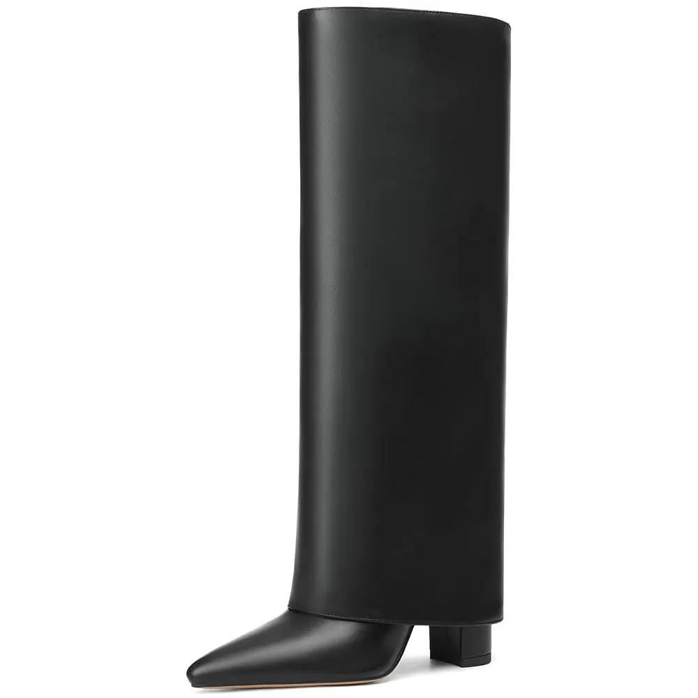 AMINUGAL Women's Pointy-Toe Wide-Leg Chunky-Heel Tall Boots, Trendy Women's Footwear