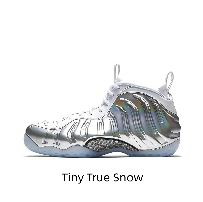 This holographic silver mid-top athletic shoes features iridescent reflective molded shell upper with sculpted wavy texture, white lace collar and translucent icy outsole, futuristic metallic look elevates all streetwear outfits