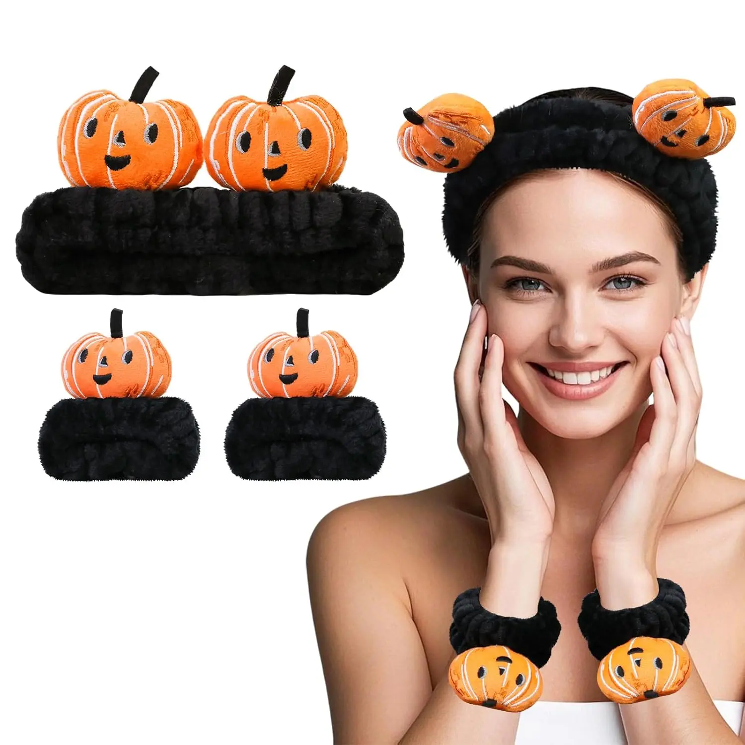 Kawaii Spa Headband and Wristband Set for Women Girls, Cute Halloween Skincare Headbands for Face Washing, Fluffy Makeup Headband for Washing Face, Bath, Shower and Beauty, Black Pumpkin
