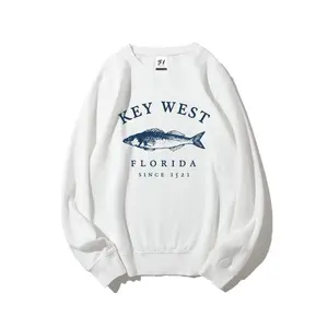 Key West Florida Fish Graphic Crewneck Sweatshirt Vintage Coastal Retro Pullover Top for Women Unisex Oversized Loose Fit Cotton Blend Long Sleeve Travel Beach Souvenir Apparel