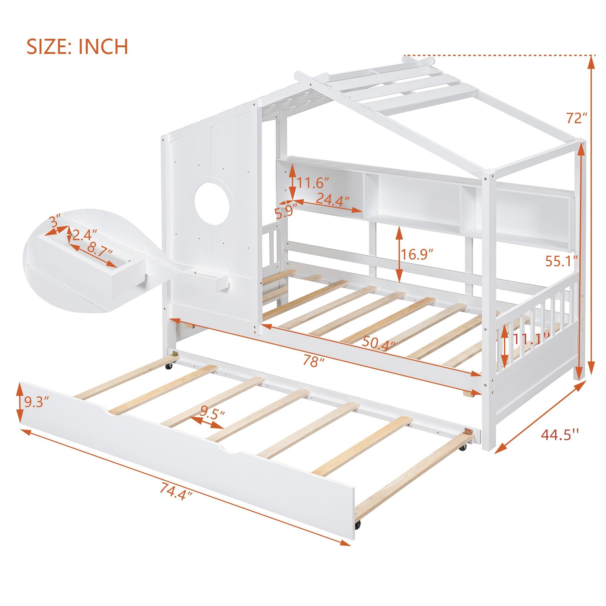 Eyisean Full Size Wooden House-Shaped Bed, Space-Saving Bed Frame with Trundle & Storage Shelf, Modern Platform Beds with Pitched Roof & Fence Rails, No Box Spring Needed, Easy Assembly for Bedroom