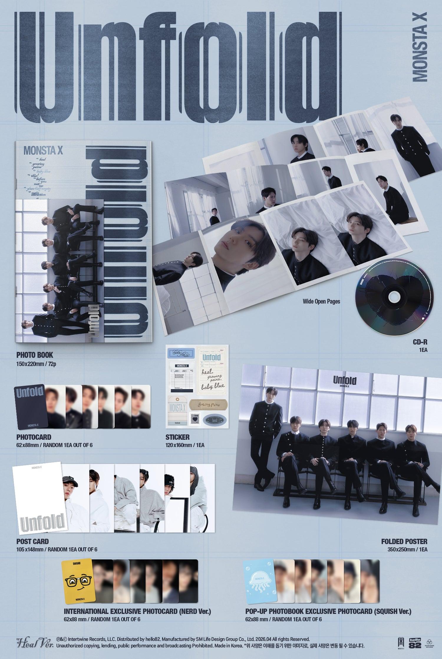 MONSTA X – UNFOLD (3rd English Album) [Photobook Ver.] [POP-UP Excl.] | Official K-Pop CD Album | Heartbreak/Thirst/Heal/Alive Versions | 72p Photobook + POP-UP Exclusive Photocard | “heal” Title Track