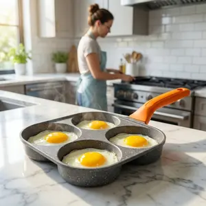 Versatile 4-Hole Non-Stick Frying Pan for Formelettes Eggs Burgers & Steaks with Heat-Resistant Silicone Handle Easy Food Unmolding and Cleaning