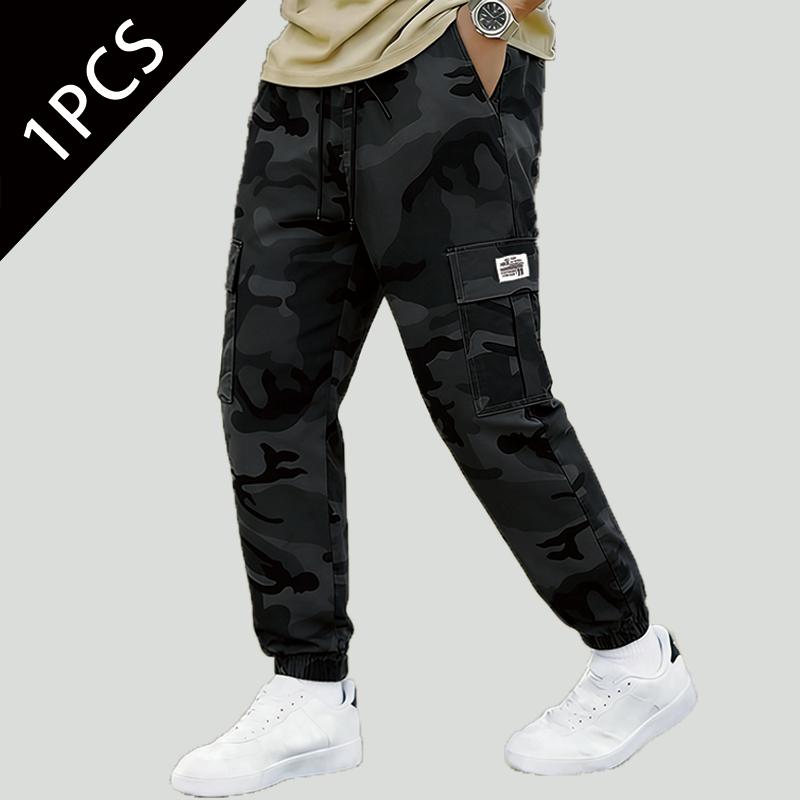 Men's Camouflage Casual Polyester Cargo Pants - Light Thin, Breathable, Loose-Fit, Multi-Pockets, Elastic Drawcord Waist Outdoor Tactical Joggers for Hiking, Work