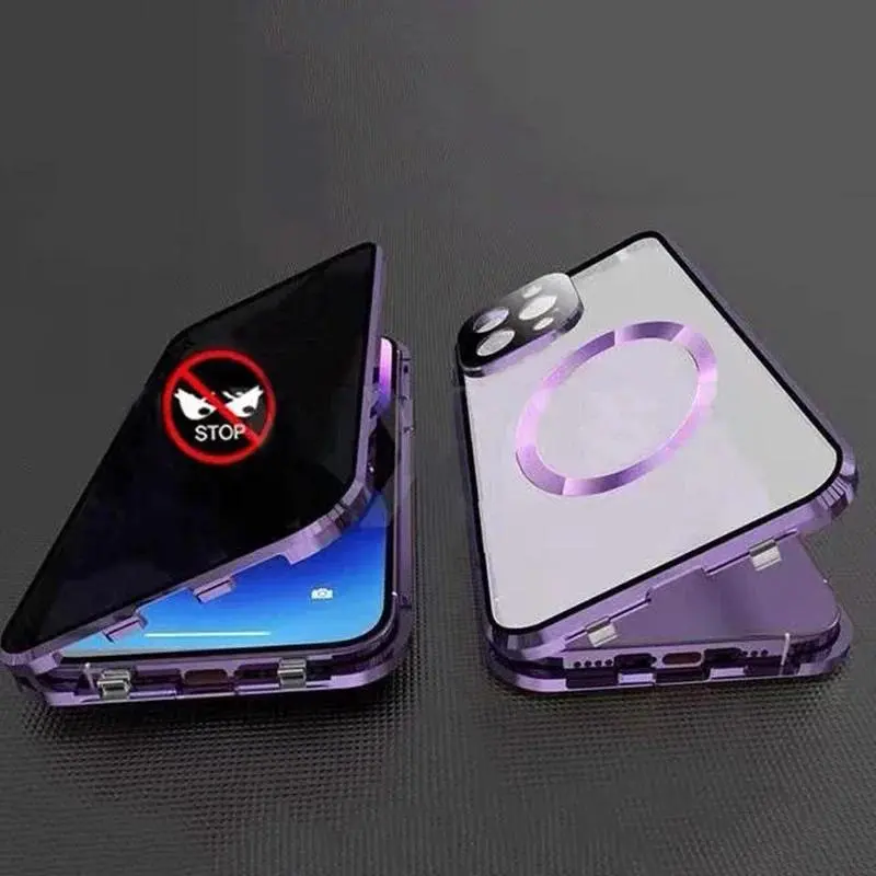 Metal Magnetic Anti Peeping Privacy Case For Magsafe iPhone 16 15 14 Plus 13 12 Pro Max 16E Double Sided Glass With Lens Protect