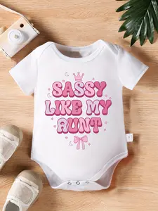 Baby "Sassy Like My Aunt" Cute Pink Graphic Bodysuit - Short Sleeve Cotton Infant Onesie with Crown & Bow Design