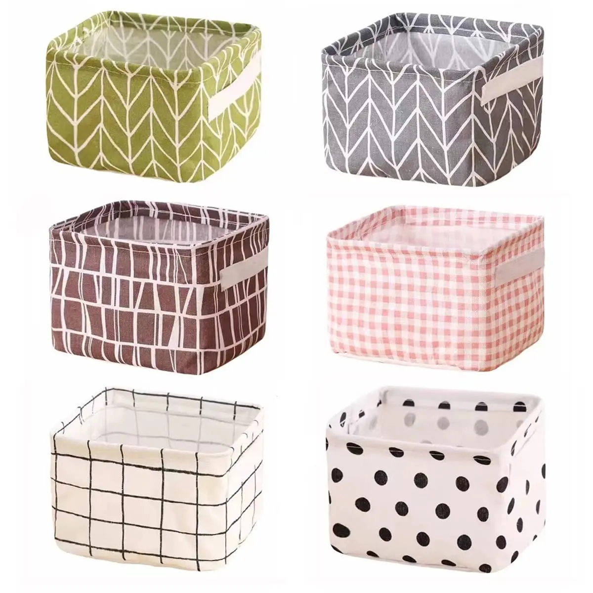 6-Pcs Foldable Linen Canvas Storage Baskets with Handles - Fashionable Cute Styles Fabric Organizer for Rooms, Game Rooms, Kitchens Home Use