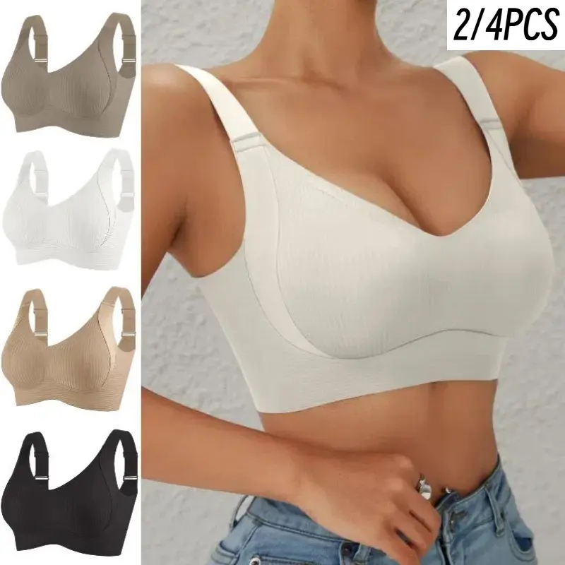 EssElegance 2/4PCS Women's Solid Four-breasted Adjustable Wireless Bra, Soft Comfortable Breathable Ribbed Push Up Seamless Bra, Women's Lingerie for All Seasons
