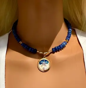 Gold Accent Necklace, Navy Blue Gemstone Beaded Necklace with Round Marbled Pendan
