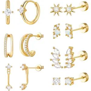 Flat  Earrings Stacks  Cartilage Earrings for Women,20G Lobe Tragus Helix Conch  ,Dainty 14K  Plated Stud Hoop Earring Set