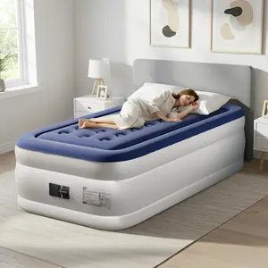 18 Inch Single Inflatable Mattress with Built-in Pump, Elevated Comfort Air Mattress, Dual Chamber Airbed, 2 Minute Fast Inflate/Deflate Air Mattress for Family Guest Camping, Blue&White