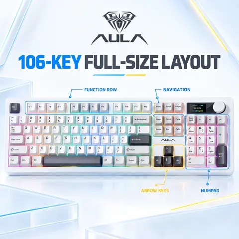 AULA F106 PRO Creamy Wireless Mechanical Gaming Keyboard - PC Accessories, Full-Size, Hot-Swappable Knob & Screen, Tri-Mode Rainbow RGB Backlit, 8000mAh Battery, Kickstand, Multi-Device Bluetooth Compatible, Customizable for PC/Laptop/Windows, Keyboards F