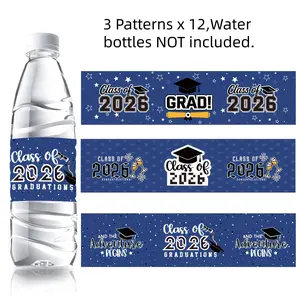 36Pcs Blue Class of 2026 Stickers, 3 Patterns x 12, Graduation Water Bottle Labels with Caps & Diplomas, Perfect for 2026 Graduation Ceremony Decor & Party Favors.