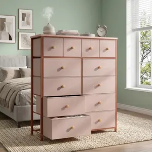12 Fabric Drawers Tall Dresser Wooden Top Metal Frame Storage Cabinet Multi-drawer Chest Organizer Stylish Bedroom Furniture Home Living Room Decor Festive Accent Pink Dresser for Clothes Sundries Storage