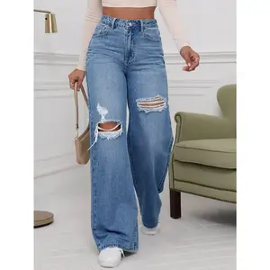 Washed Denim Blue High Waist Ripped Wide Leg Jeans – Stylish and Comfortable for Casual Wear Fit Pants Womenswear Zipper Bottom Polyester Fabric Trouser Streetwear Pocket Minimalist Basic Loose Fall