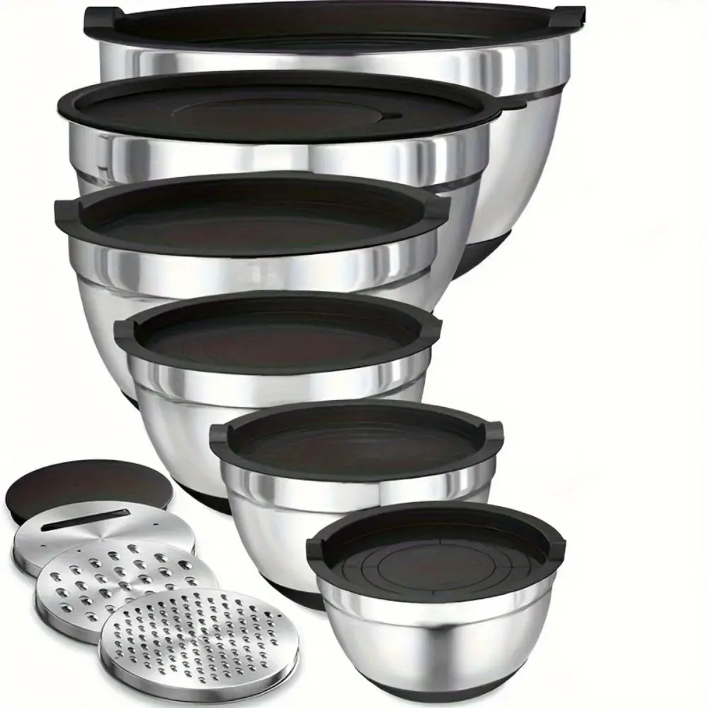 Stainless Steel Mixing Bowl Set with Airtight Lid, Food Storage Bowl, Durable Kitchenware, 9 Counts/set Including 6 Counts Bowls & 3 Counts Grater Attachments Tool for Baking Cooking