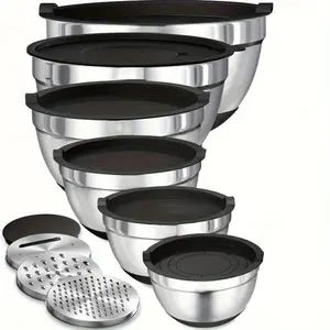 Stainless Steel Mixing Bowl Set with Airtight Lid, Food Storage Bowl, 9 Counts/set Including 6 Counts Bowls & 3 Counts Grater Attachments Tool for Baking Cooking