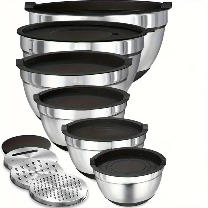 Stainless Steel Mixing Bowl Set with Airtight Lid, Food Storage Bowl, Durable Kitchenware, 9 Counts/set Including 6 Counts Bowls & 3 Counts Grater Attachments Tool for Baking Cooking