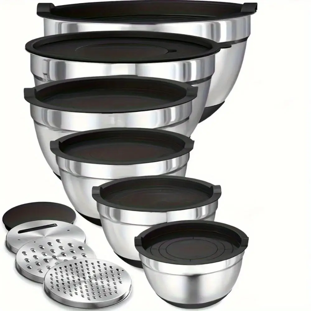 Stainless Steel Mixing Bowl Set with Airtight Lid, 9 Counts/set Including 6 Counts Bowls & 3 Counts Grater Attachments, Kitchenware Tool for Baking Co