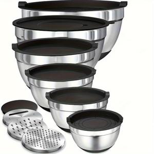 stainless steel mixing bowl set with airtight lid, 9 counts/set including 6 counts bowls & 3 counts grater attachments, kitchenware tool for baking cooking