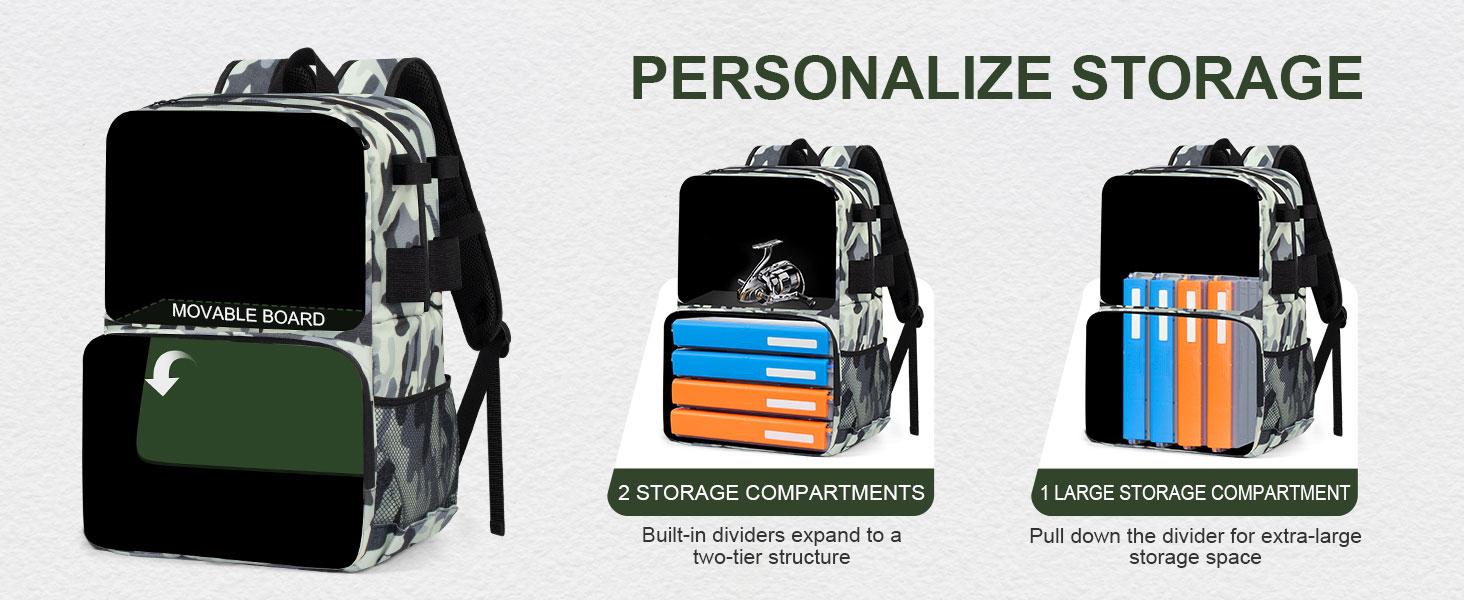 Fishing Backpack with Removable Bait Binder, Water-Resistant Tackle Storage Bag with Rod Holders & Adjustable Compartments,Fishing Gear Bag