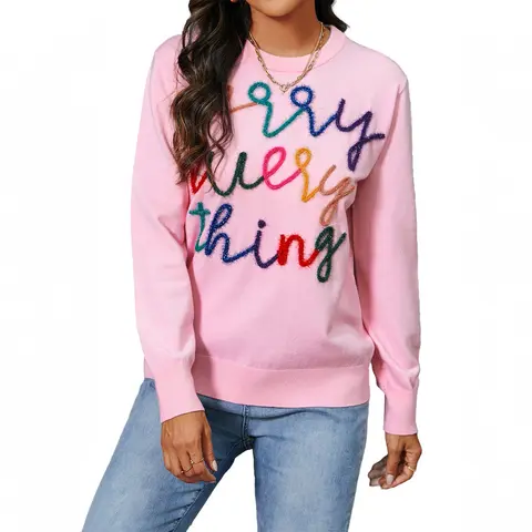 Asvivid 2026 Christmas Gift Holiday Merry Everything Tinsel Graphic Casual Colorful Letter Round Neck Knitted Long Sleeve Sweater Pullover Tops