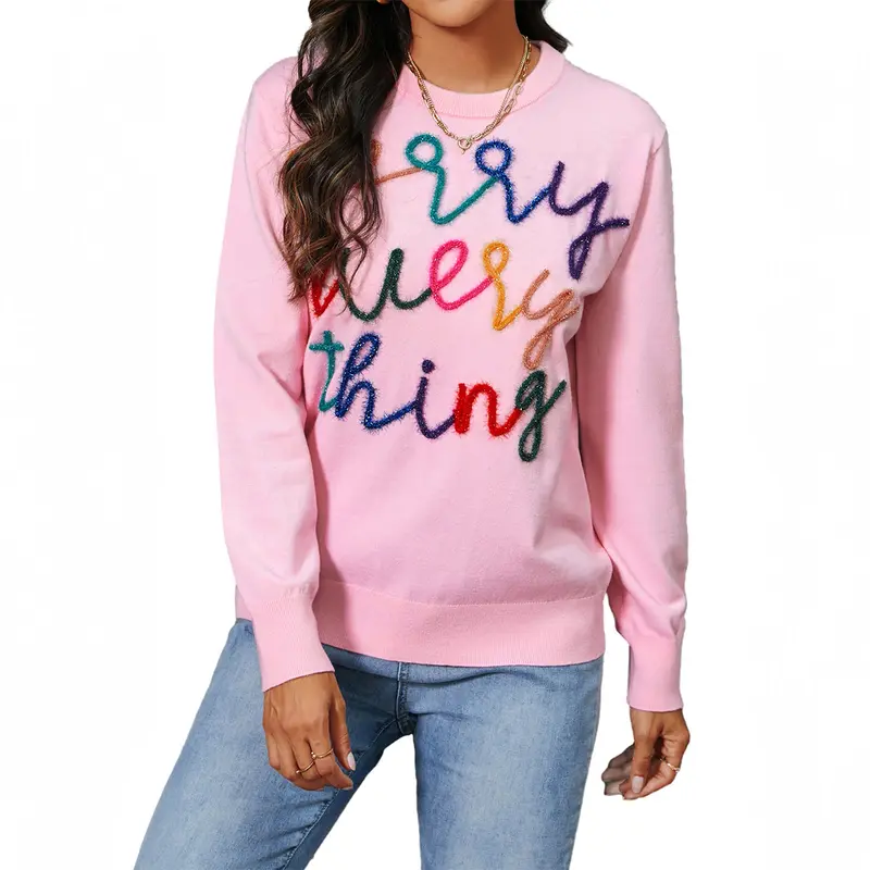 Asvivid 2026 Christmas Gift Holiday Merry Everything Tinsel Graphic Casual Colorful Letter Round Neck Knitted Long Sleeve Sweater Pullover Tops