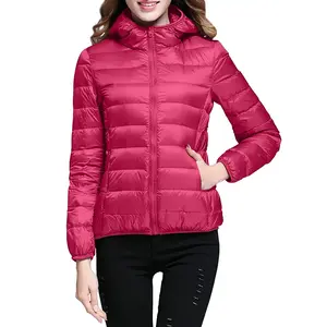 Women's foldable down jacket lightweight down jacket hooded winter coat hot pink LRAIMENTRY