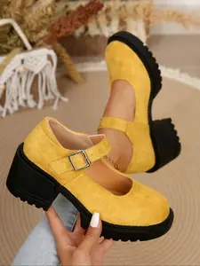 Women's Thick Sole High Heels, Ankle Strap Design, Round Toe, Anti-Slip PU Sole, Elegant Casual Daily Wear Shoes