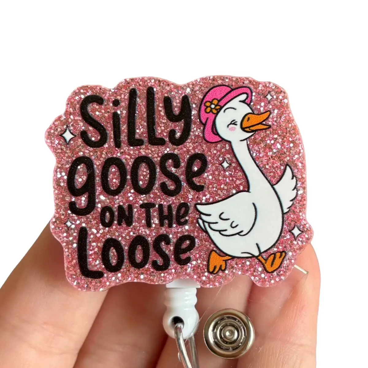 Glitter My Badge Funny Pink Silly goose badge reel for nurse and hospital workers. Badge clip Badge pull - Retractable swivel clip with a 360 rotation. Great gift for coworker.