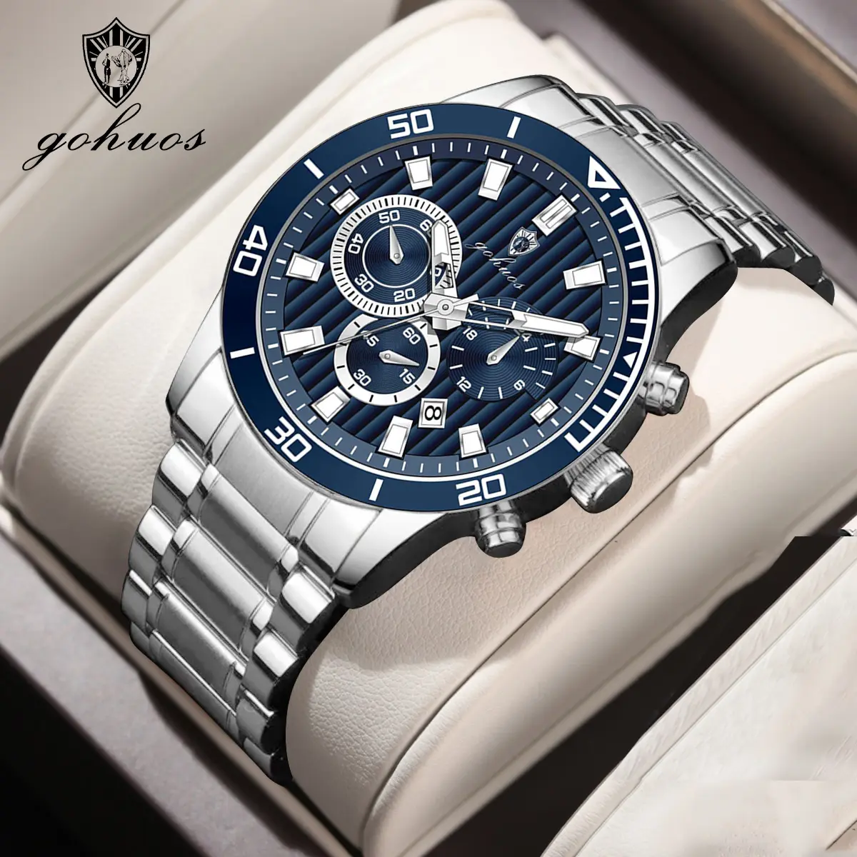 GOHUOS Men's Business Quartz Watch - Stainless Steel Strap, Luminous Hands, Chronograph, Waterproof, Round Dial Analog Quartz Analog Watch for Casual Wear