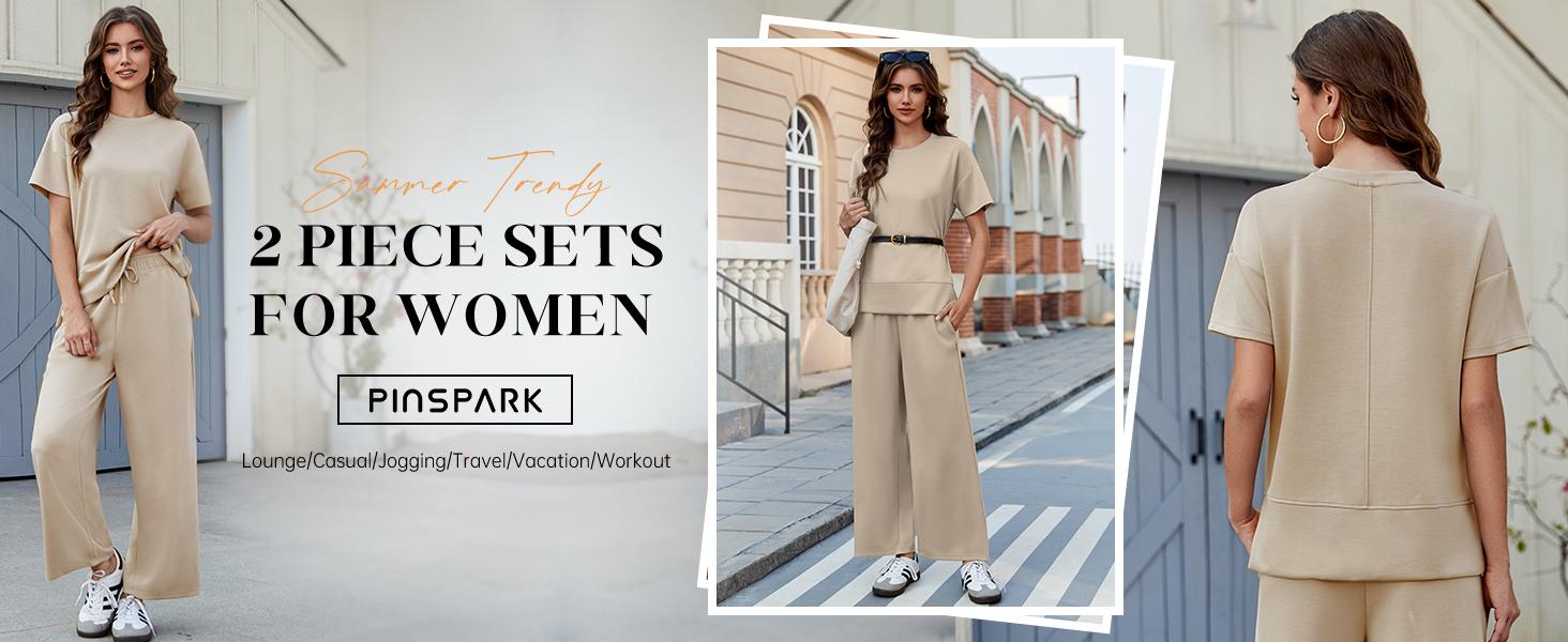 PINSPARK 2 Piece Tracksuit for Womenswear Soft Short Sleeve Outdoor Wide Adjustable Leg Pockets Pants Lounge Matching Travel Summer  2025  Springtok Outdoorfun
