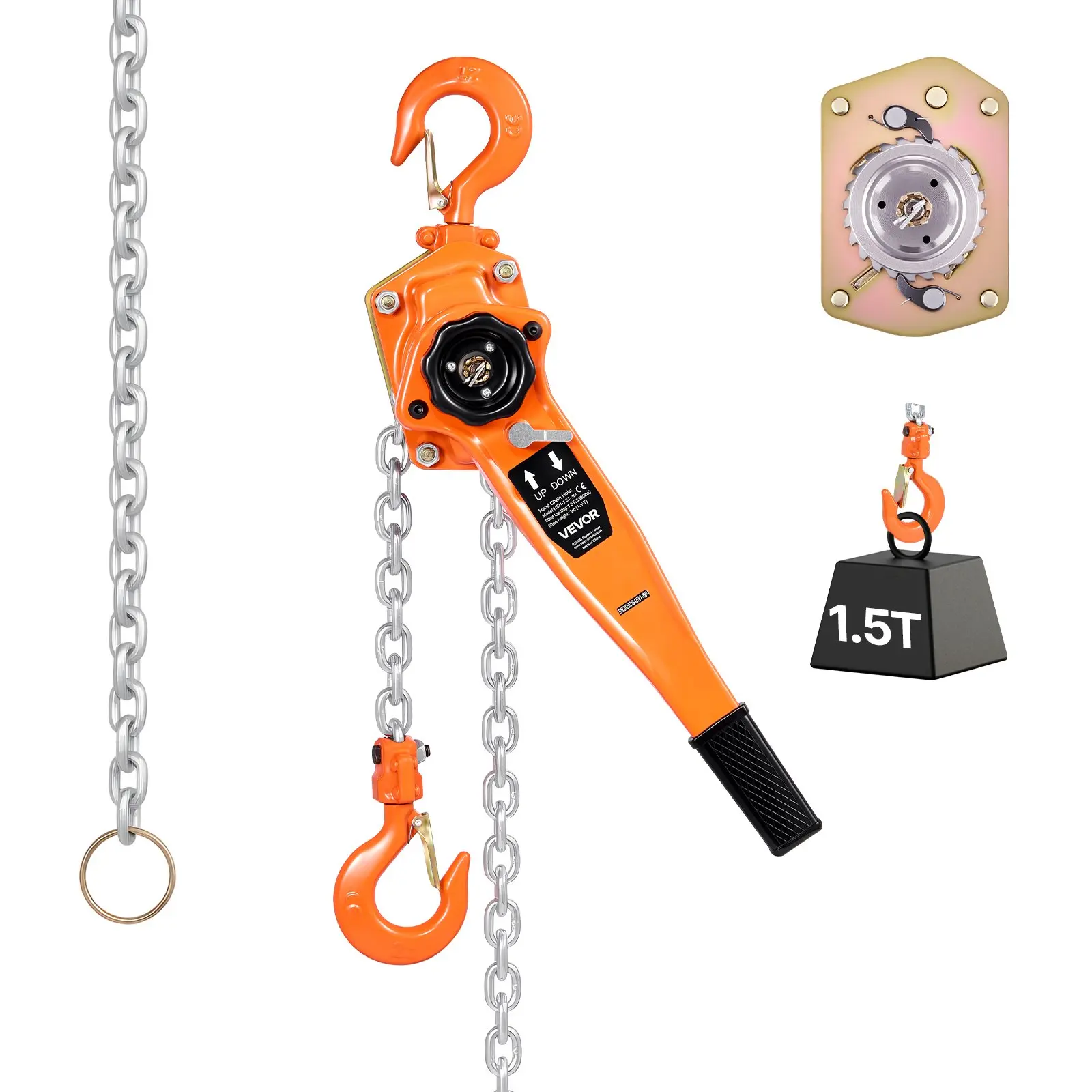 VEVOR Manual Lever Chain Hoist, 1-1/2T 3300LBS Capacity Heavy Duty Come Along, 10FT Lift G80 Alloy Steel Chain With Dual Pawl Mechanical Brake,360 ° Rotating Hooks, for Warehouse Construction Garage, 1.5 Ton Cap., Brake System