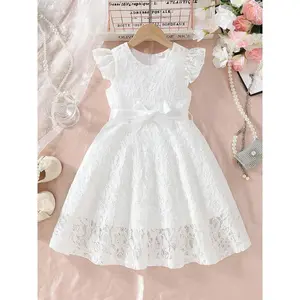 Girls' Summer Dress with Pleated Sleeves, Round Neck Lace Design, Waist Belt Included, Sweet & Elegant Party Wedding Gown, Butterfly Dress