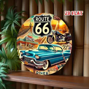 Rustic Metal Wall Decor, Durable & Easy Install, Multi-Purpose Outdoor Signage, Vintage Route 66 Round Iron Plaque, Garage & Home Decoration