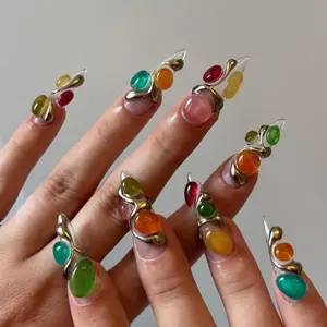 Gemstone Fantasy Press On Nails | Sculptural Jelly Chrome Nail Set | 3D Mineral Stone Nail Art | Futuristic Rainbow Nails