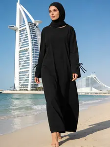 Women's Casual Loose-Fit Long Robe Coat, Thick Woven Fabric, Fall & Winter Abaya Outerwear, Plain Pattern Design