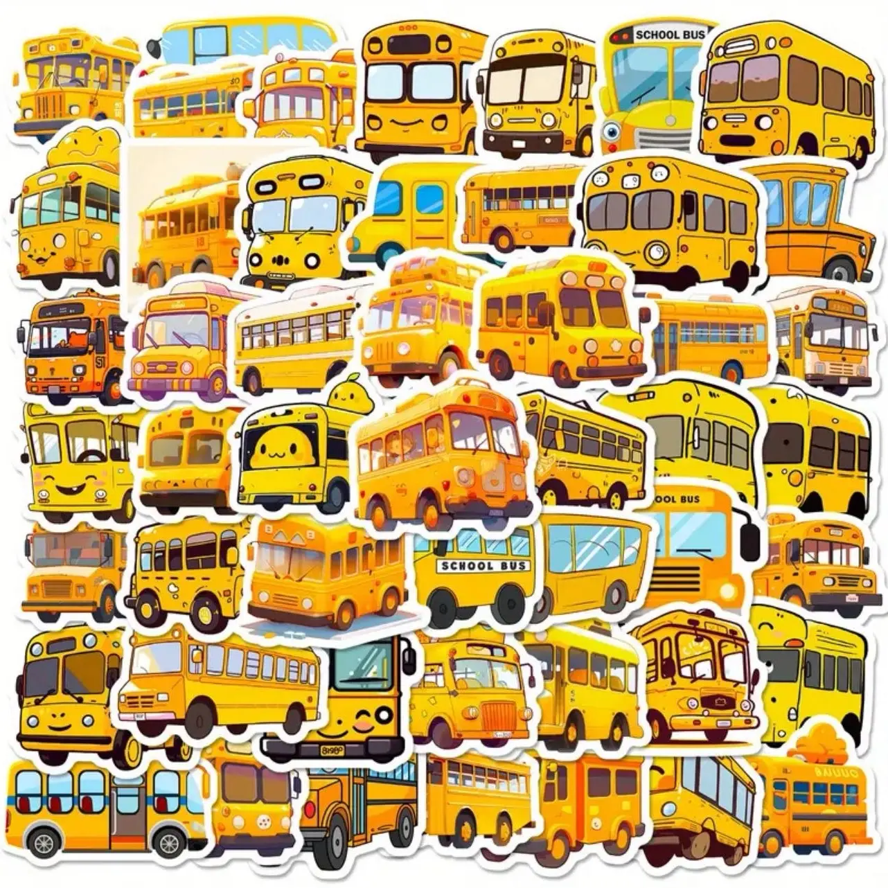 50 pack of cute cartoon yellow school bus stickers. No duplicates and waterproof.  US Seller. Great for all surfaces