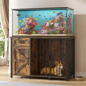 55-75 Gallon Fish Tank Stand with Dog Crate, Multifunctional Aquarium Stand with Cabinet and Power Outlets for Larger Aquariums and Versatile Use (Brown)