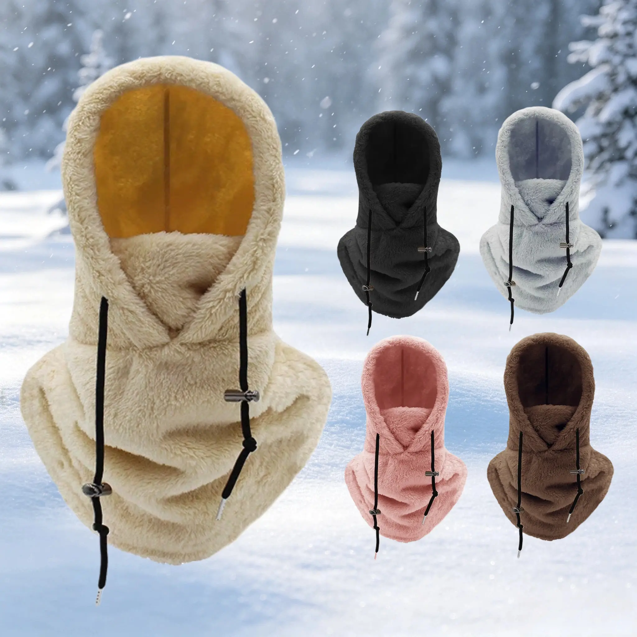 Unisex Windproof Thermal Balaclava Hood Hat, Fleece Lined Warm Beanie Mask and Neck Warmer Scarf Set for Outdoor Cycling & Skiing