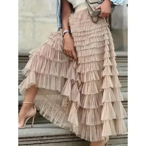 Plus Size Emerald Green Tiered Ruffled Skirt with Sheer Mesh Overlay - Elegant Layered Design, Machine Washable, All-Season Versatile Women's Fashion, Cute Skirts