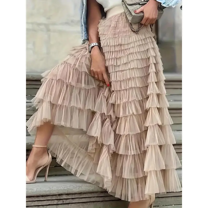 Women's Plus Size Elegant Tiered Ruffle Skirt, Emerald Green Polyester with Sheer Mesh Overlay, Mid Waist Oversize Fit, Skirts For Women, No, Clothes, Curvy Women Plus Size
